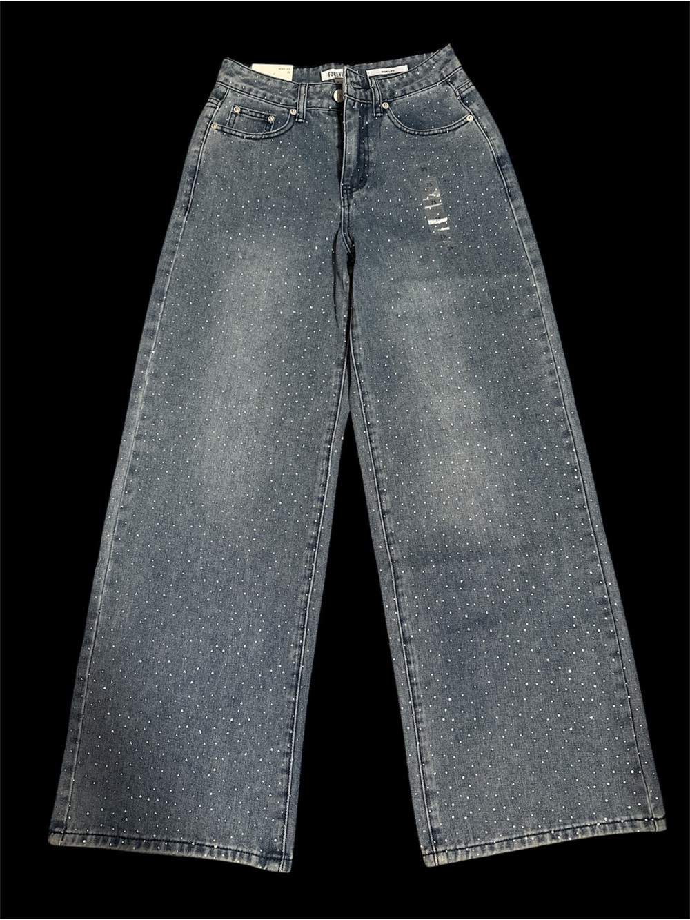 Forever 21 Rhinestone Wide-Leg Jeans - Blue